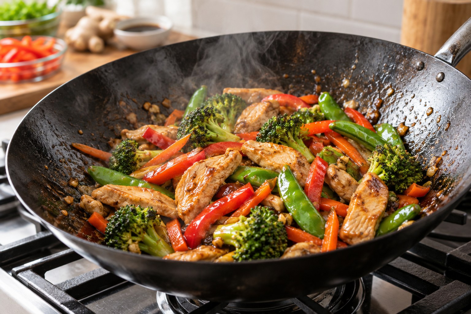 Chicken and colorful vegetables being tossed in a hot wok with stir-fry sauce