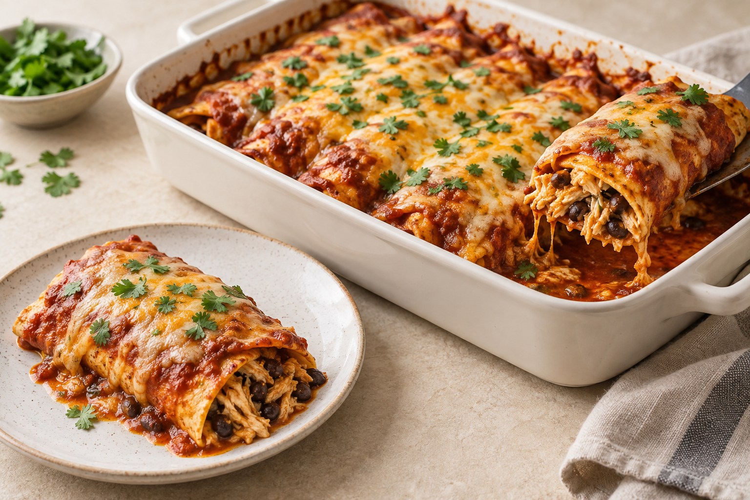 Baked chicken enchiladas covered with red sauce, melted cheese, and cilantro