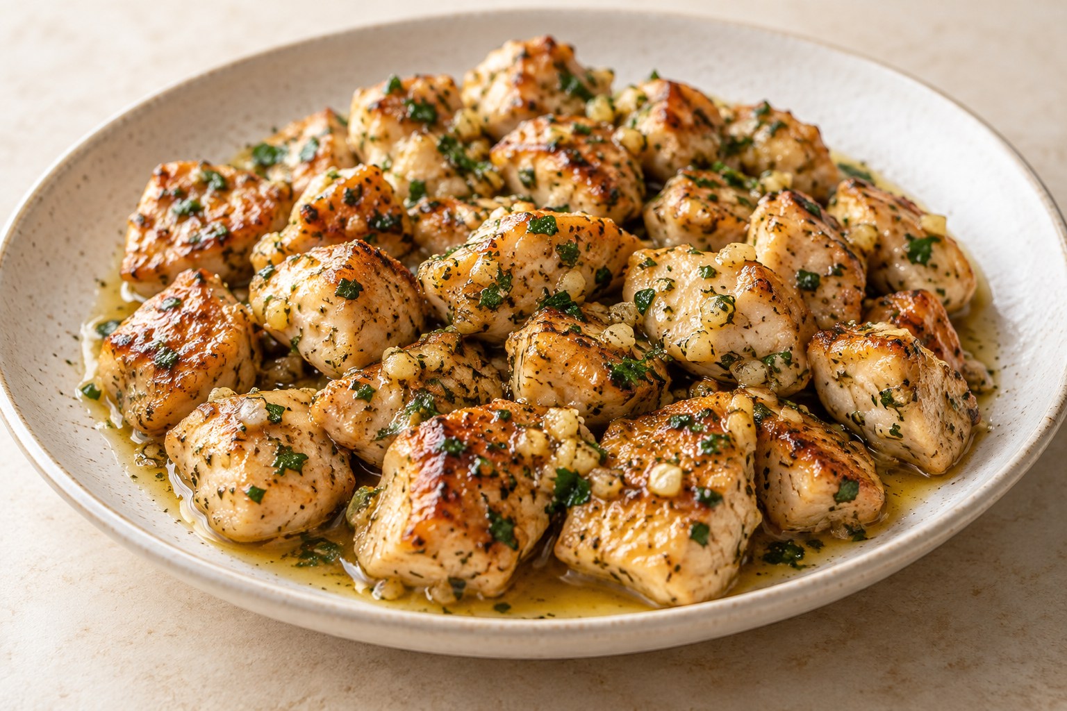 Garlic butter chicken bites finished with lemon and chopped parsley