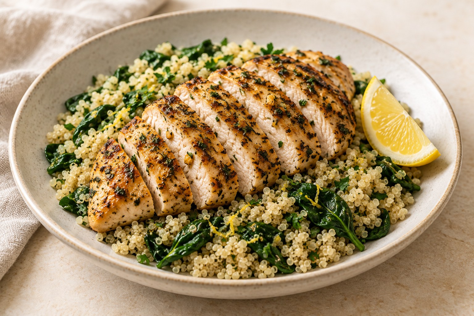 Sliced garlic herb chicken served over lemon spinach quinoa