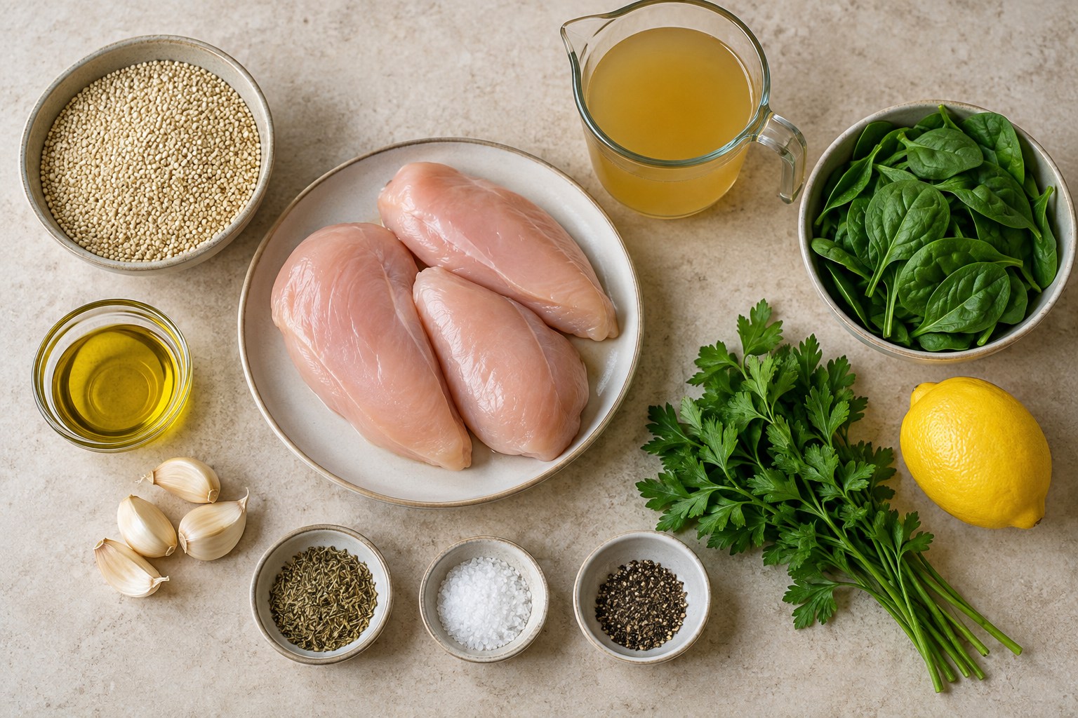 Chicken breasts, quinoa, spinach, garlic, lemon, parsley, and broth arranged for garlic herb chicken and quinoa