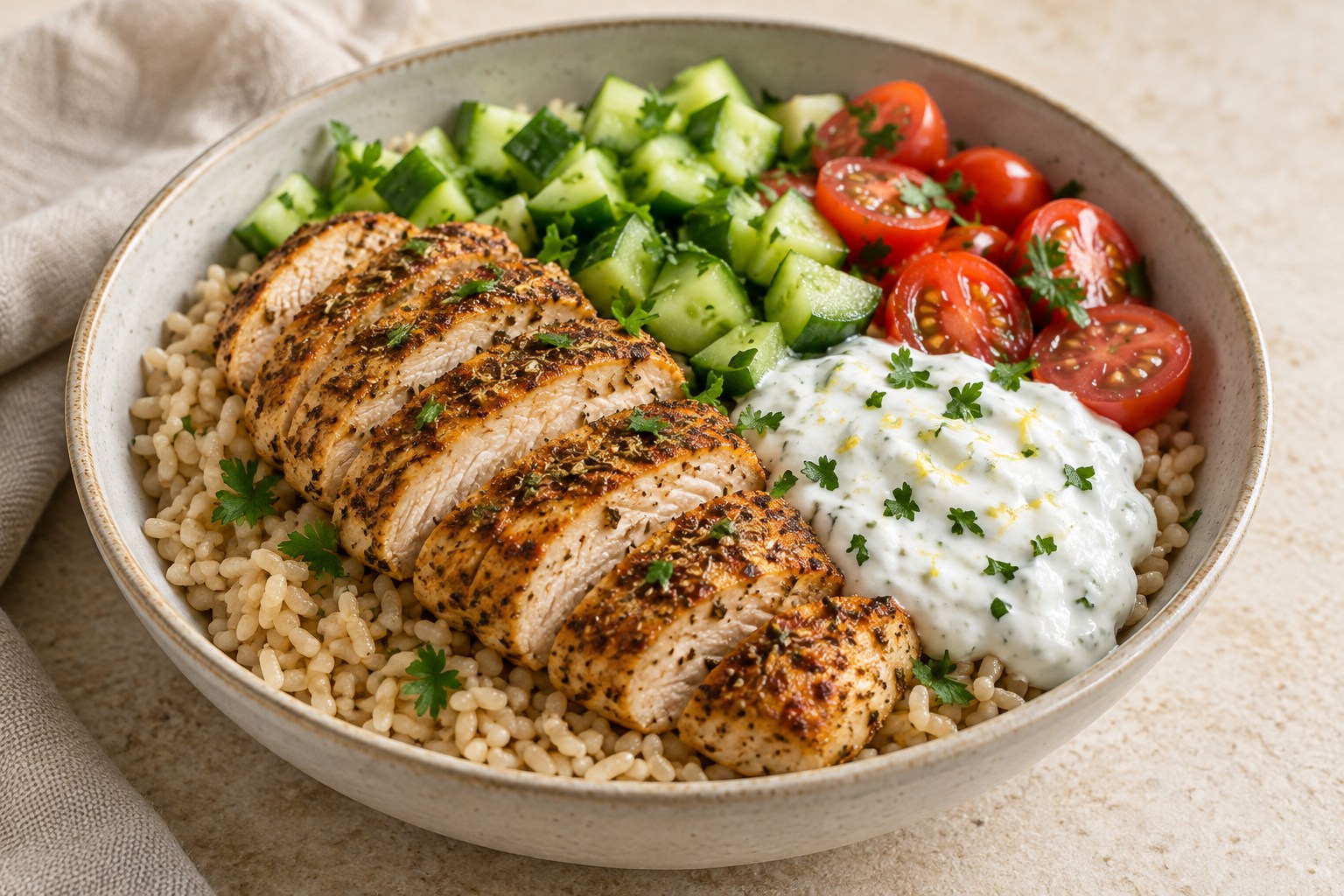 Greek yogurt chicken bowl with brown rice, cucumber, tomatoes, parsley, and yogurt sauce
