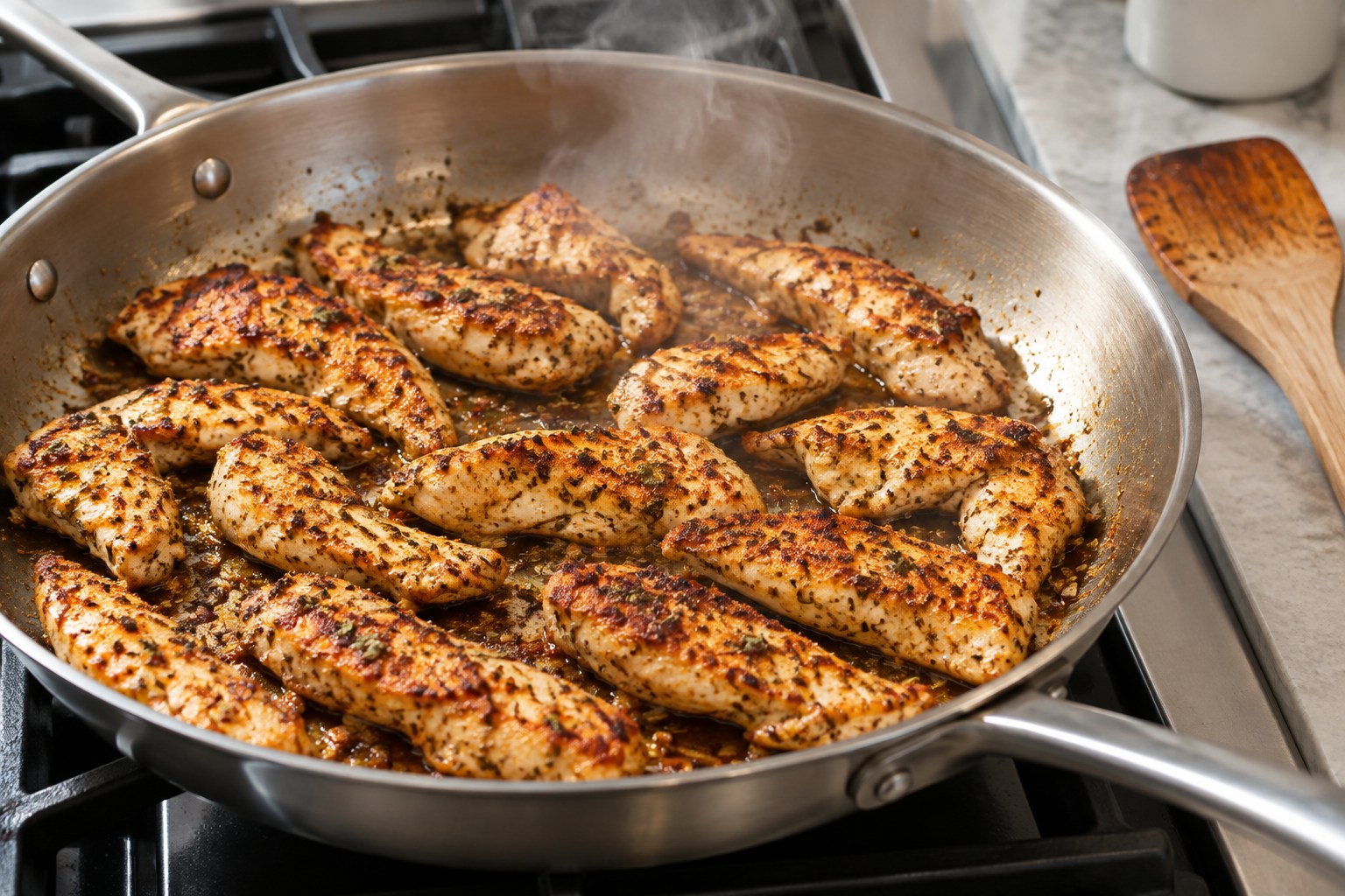 Seasoned chicken strips cooking in a skillet for Greek yogurt chicken bowls