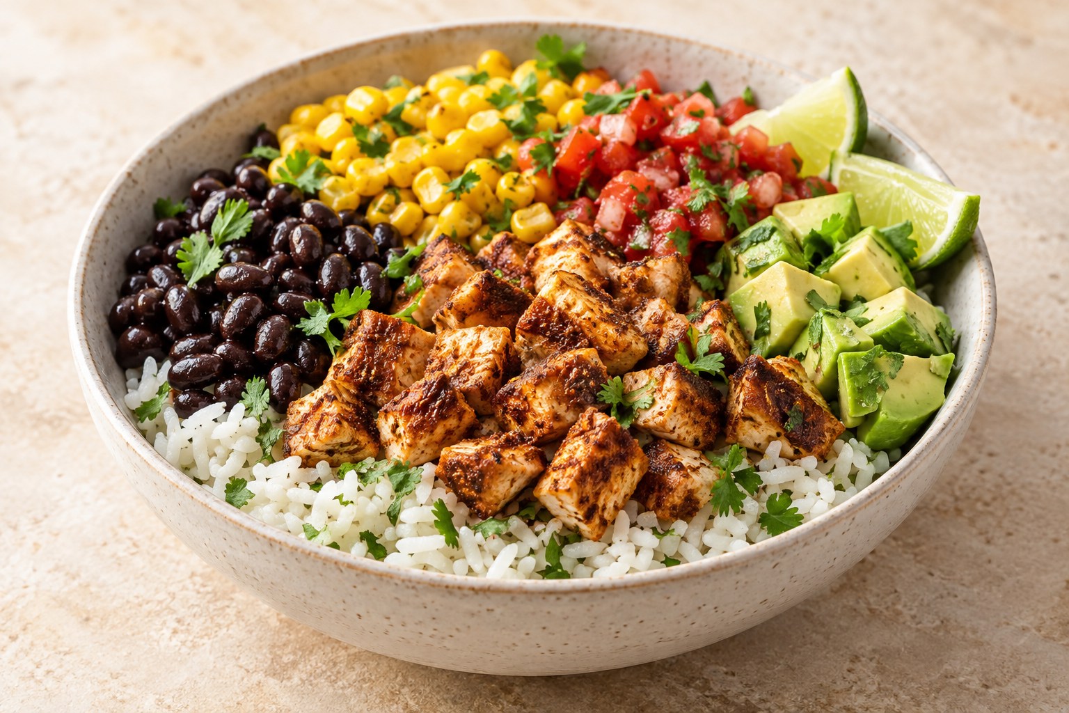 Chicken burrito bowl with rice, black beans, corn, salsa, avocado, cilantro, and lime