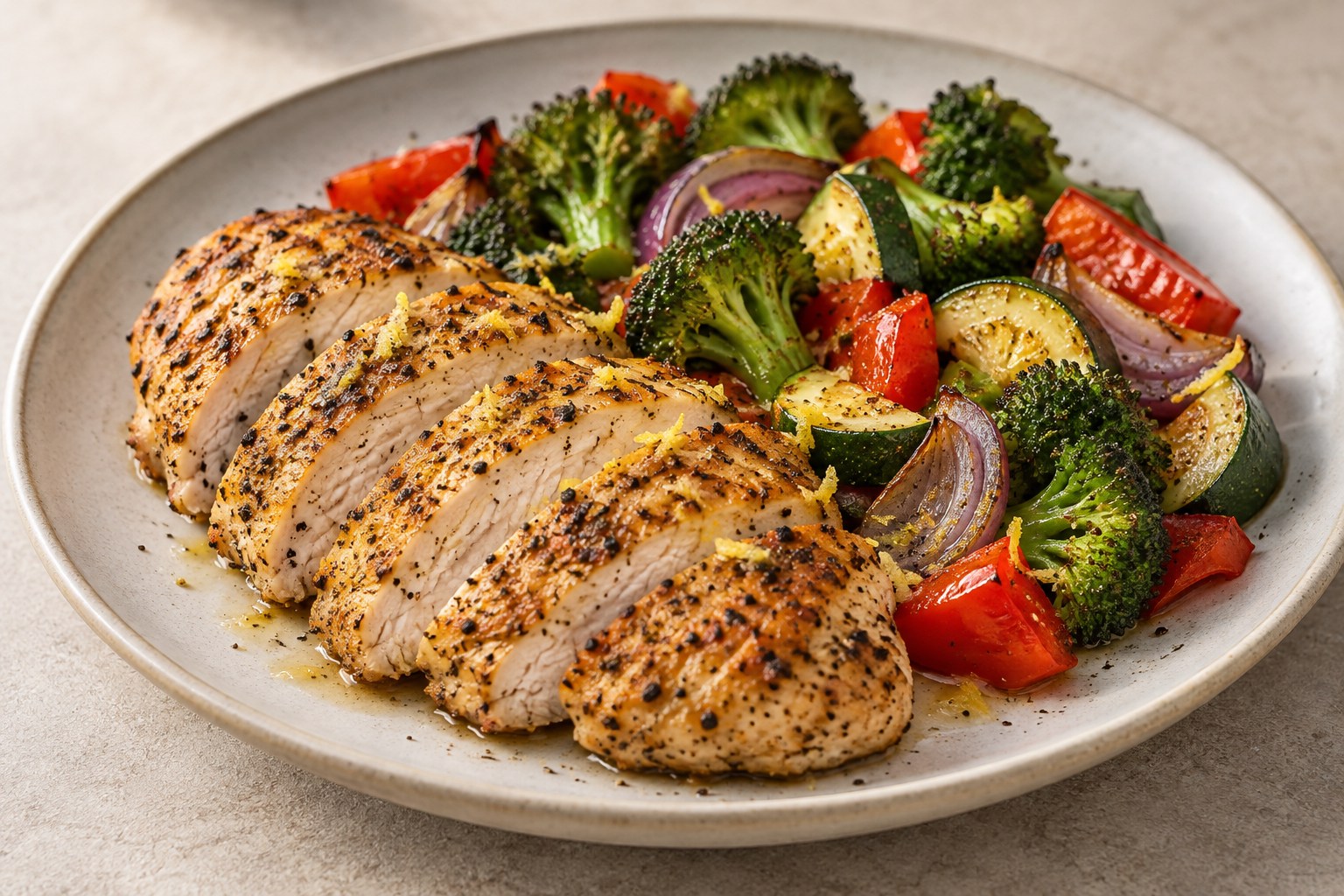 Lemon pepper chicken with roasted broccoli, bell pepper, zucchini, and red onion