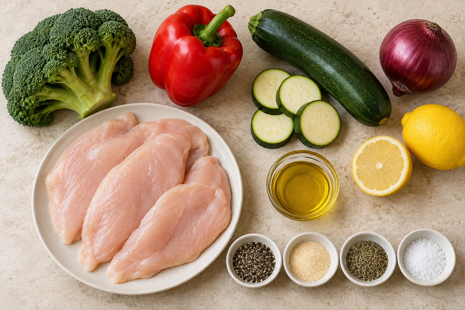 Chicken cutlets, lemon, broccoli, bell pepper, zucchini, red onion, and seasonings for a sheet-pan dinner