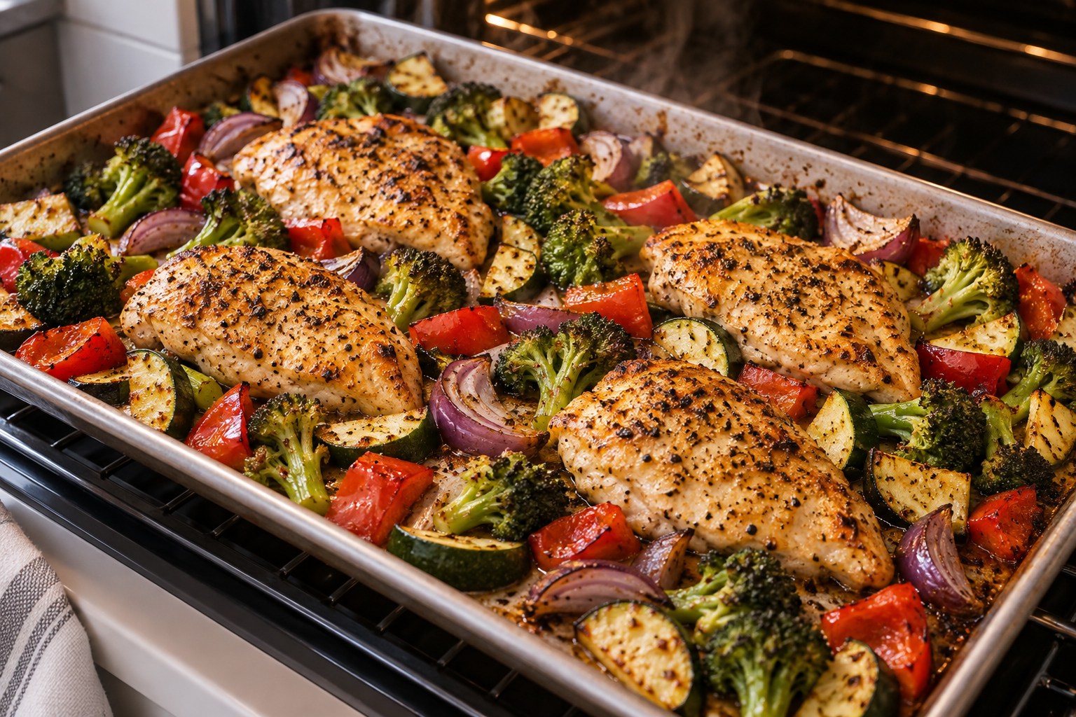 Lemon pepper chicken cutlets roasting among vegetables on a sheet pan