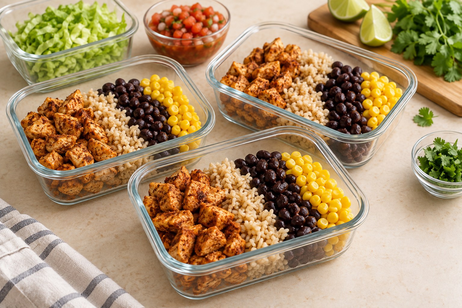 Meal prep chicken burrito bowls with rice, black beans, corn, salsa, lettuce, and lime
