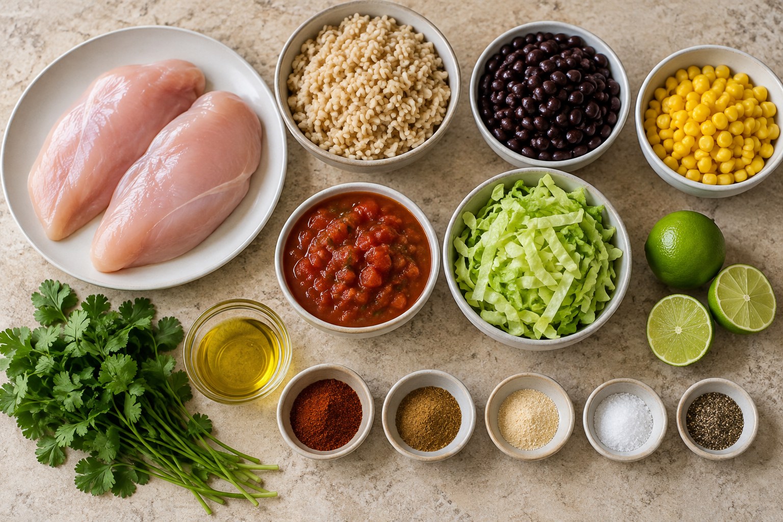 Chicken, brown rice, black beans, corn, salsa, lettuce, lime, cilantro, and burrito bowl spices