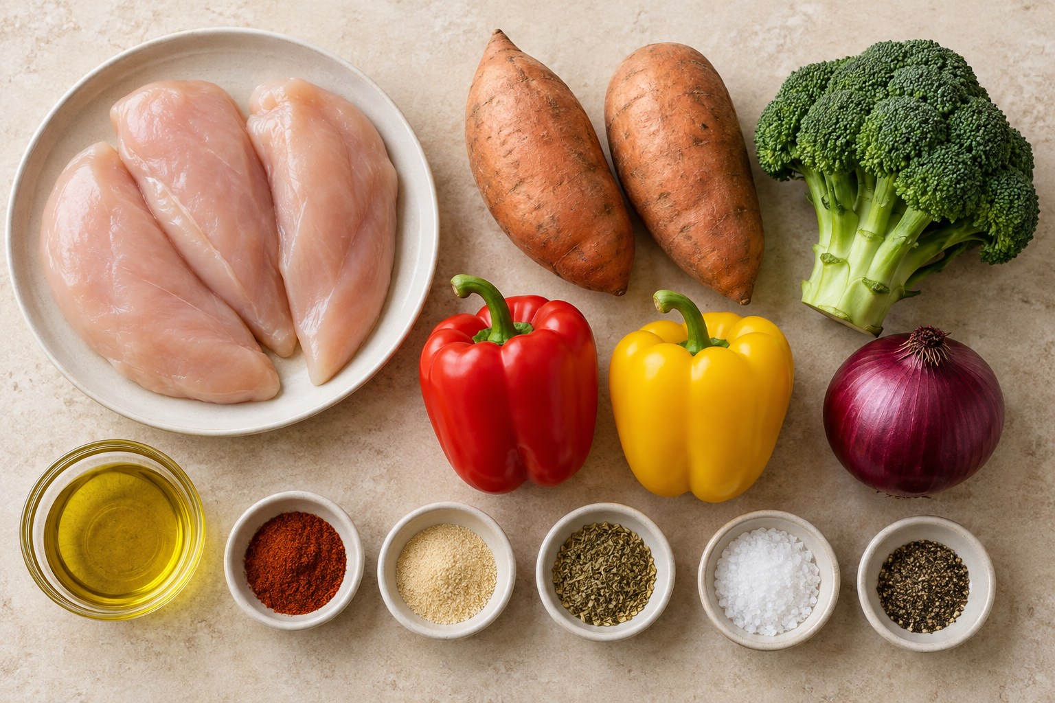 Chicken, sweet potatoes, broccoli, bell peppers, red onion, olive oil, and spices for sheet-pan meal prep
