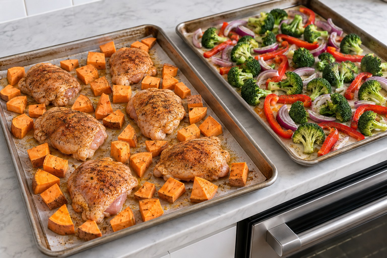 Seasoned chicken and vegetables spread across two sheet pans for roasting