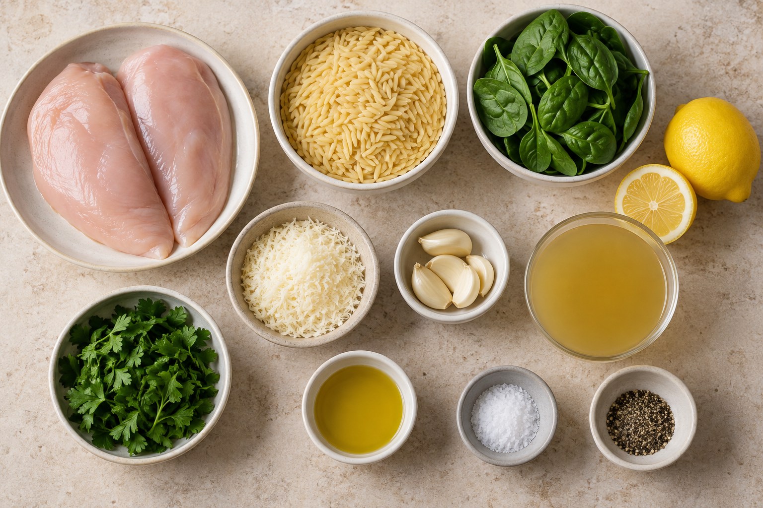 Chicken, orzo, spinach, lemon, Parmesan, garlic, broth, and parsley for lemon chicken orzo
