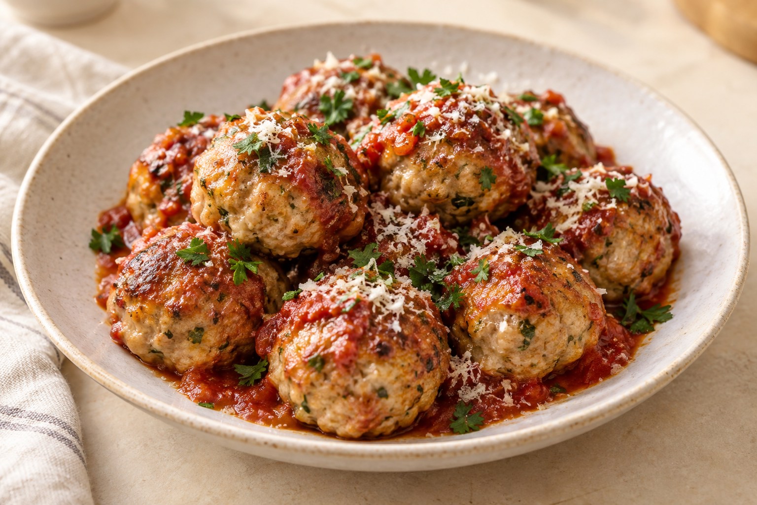 Baked turkey cottage cheese meatballs served with parsley and Parmesan